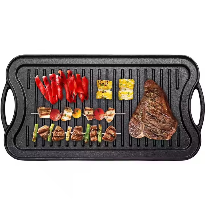 Customized Rectangular Pre-seasoned Cast Iron Double Sided Grill Griddle Pan for Outdoor Camping