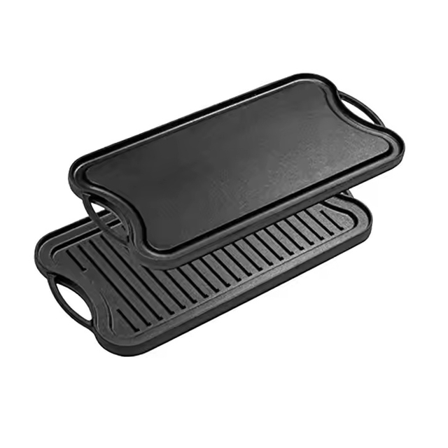 Customized Rectangular Pre-seasoned Cast Iron Double Sided Grill Griddle Pan for Outdoor Camping